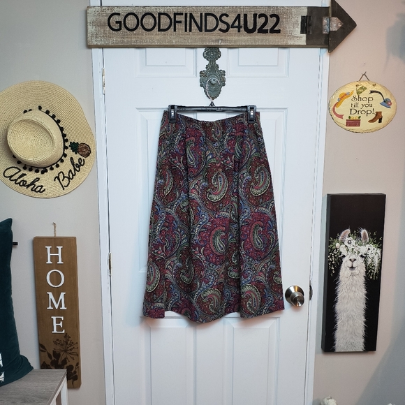 Vintage Bonworth Paisley Print Boho Hippie Midi Skirt Stretch Pockets MP - Picture 1 of 10